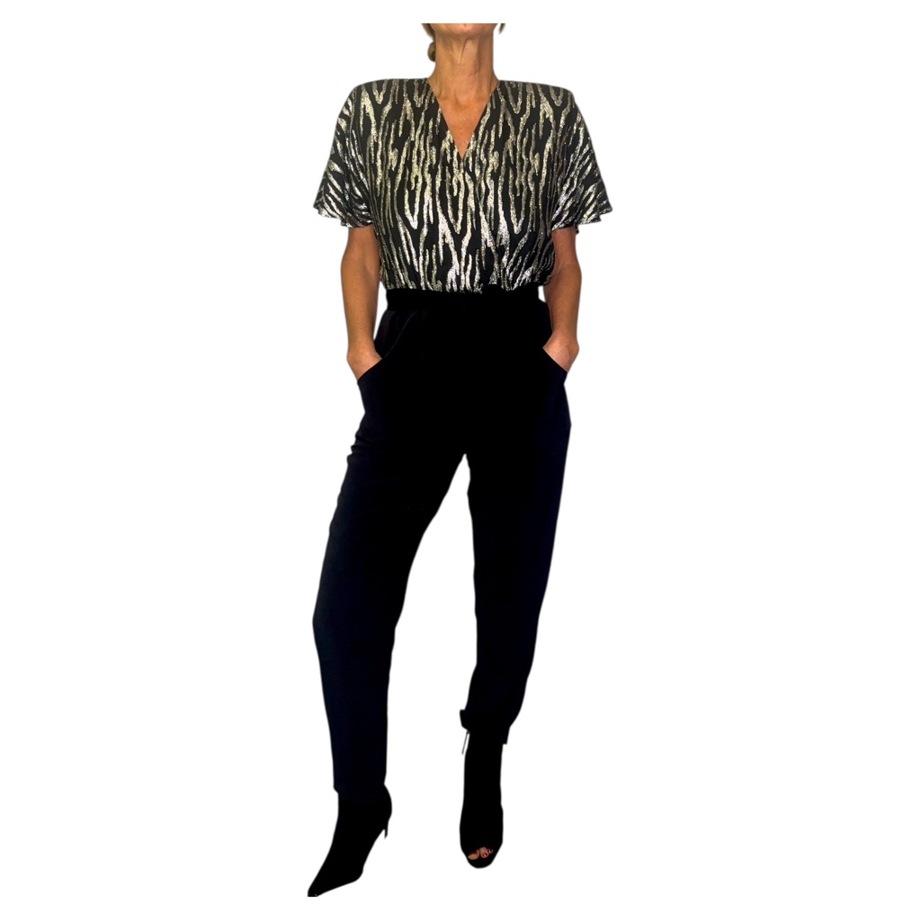 Vintage 80s Disco Metallic Silver & Black Striped Jumpsuit Sz Small